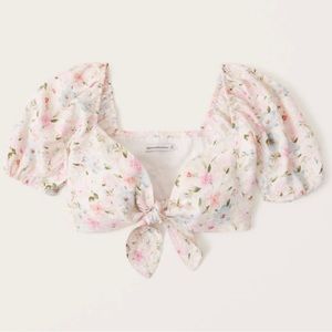 Abercrombie & Fitch Women's Tie-Front Linen-Blend Puff Floral Sleeve Top